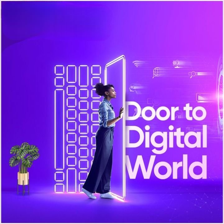 Woman entering a glowing digital doorway with text “Door to Digital World” on a purple background.